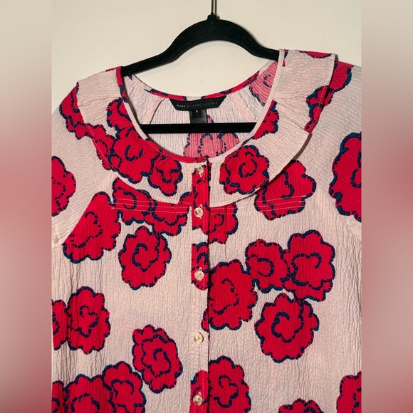 Marc Jacobs Ruffle Collar Floral Blouse | Size 8 | Button Front Short Sleeve Top - Picture 3 of 4